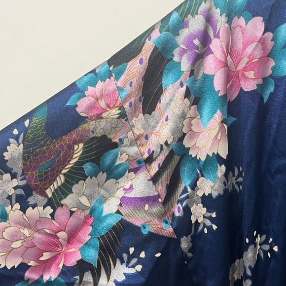 Kimono/ Dressing Gown Silk Long Blue Floral Wrap Belt tie size L - Picture 8 of 9